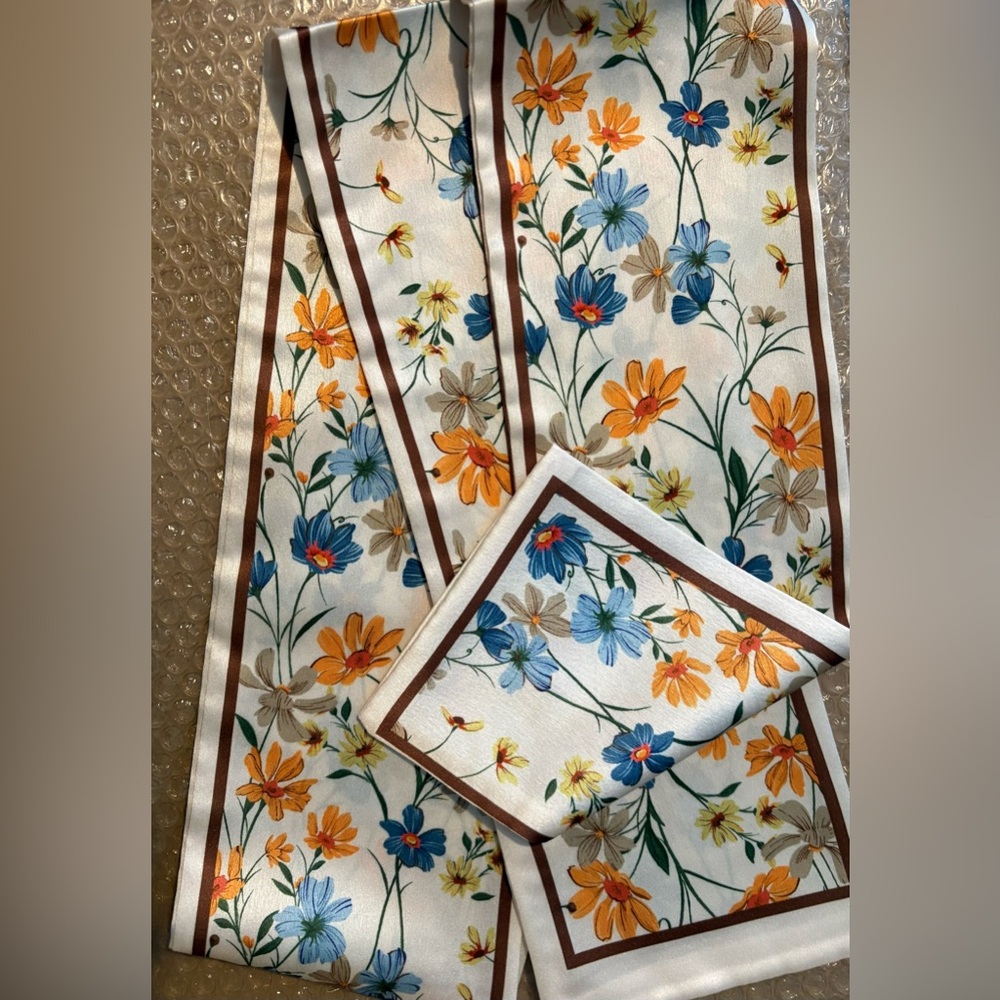 Floral Print Scarf with Blue and Orange Flowers